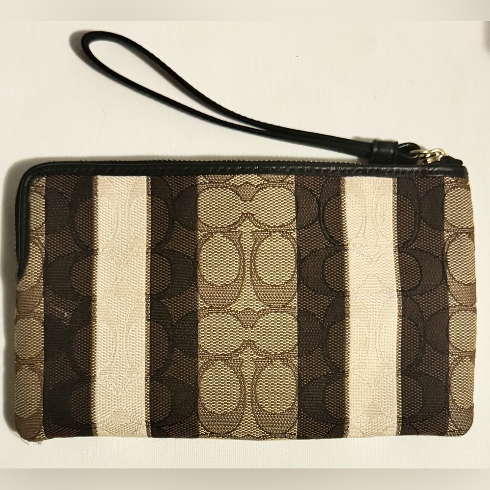 Coach Signature Stripe Wristlet | Brown & Tan Canvas | Gold Hardware (EUC) - Picture 2 of 6